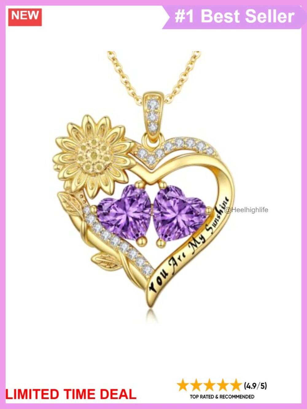 14K Gold Plated Heart Sunflower Birthstone Pendant Necklace